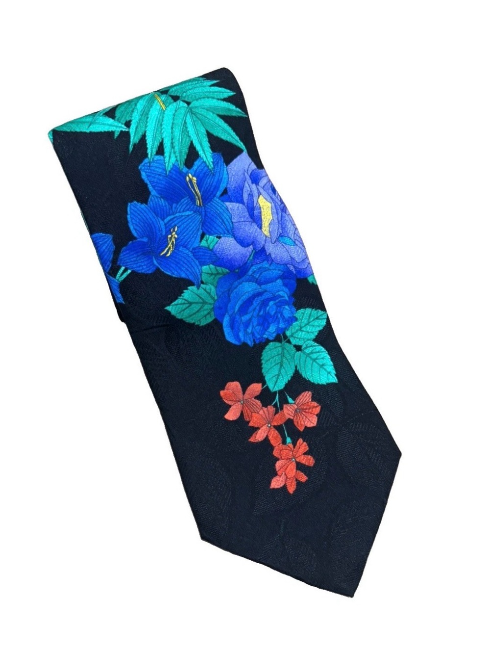 Vintage Leonard Paris Mens Black Silk Tie Floral Turtles Colorful